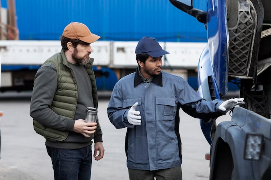 Two People Engaged in Discussion, One Gesturing Towards a Truck
